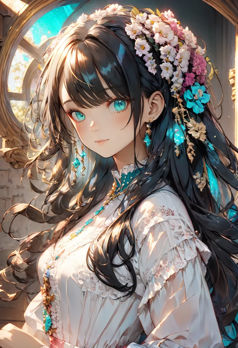 1girl, black hair, turquoise eyes, white shirts, white iliy, long hair, asymmetrical bangs, rococo style, chromatic aberration, masterpiece