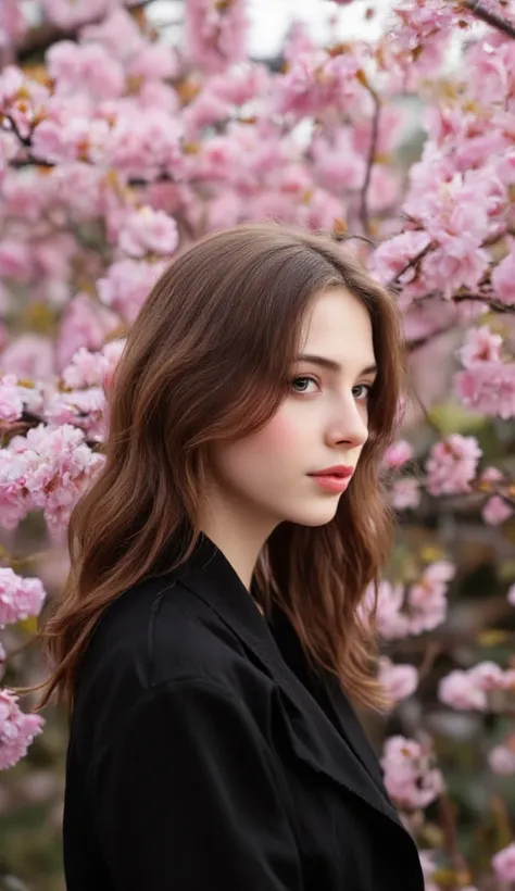 Beautiful woman around 25 years old watching Kawazu cherry blossom, Photorealistic, Masterpiece, Top quality, RAW photo, Brown hair, Detailed face, Attractive face, Dynamic pose. Smiling.