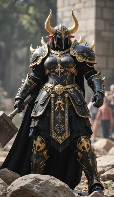 A colossal warrior queen, her black and gold fortress-like armor is carved with ancient sigils of indomitable might. Her shoulder guards resemble golden bull horns, radiating unstoppable energy. She wields a massive warhammer that bends gravity with every ...