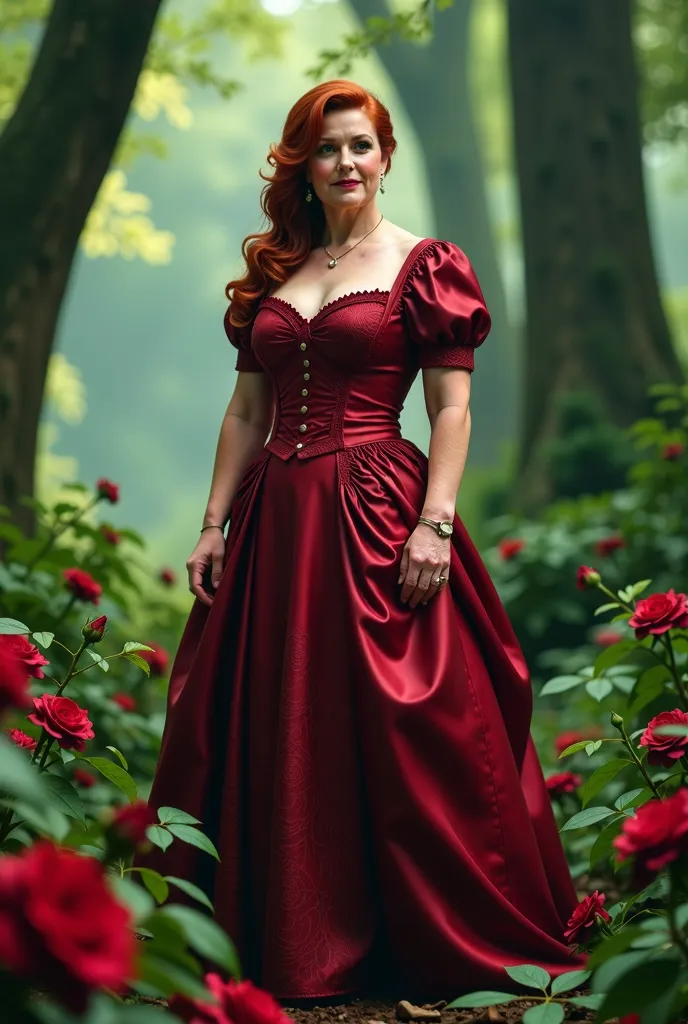 full-length 50-year-old cougar with red hair dressed in a 19th century dress background forest with burgundy roses cougar worth handing over to the camera photo realism 