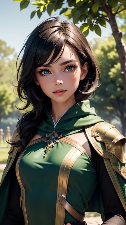 1girl, lithe archer, black short hair windswept,green eyes, young, brown leather armor, cloak hoodie, her bow is a green metal that glows a green light, medieval theme,