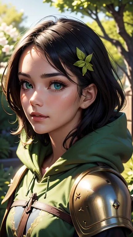 1girl, lithe archer, black short hair windswept,green eyes, young, brown leather armor, cloak hoodie, her bow is a green metal that glows a green light, medieval theme,