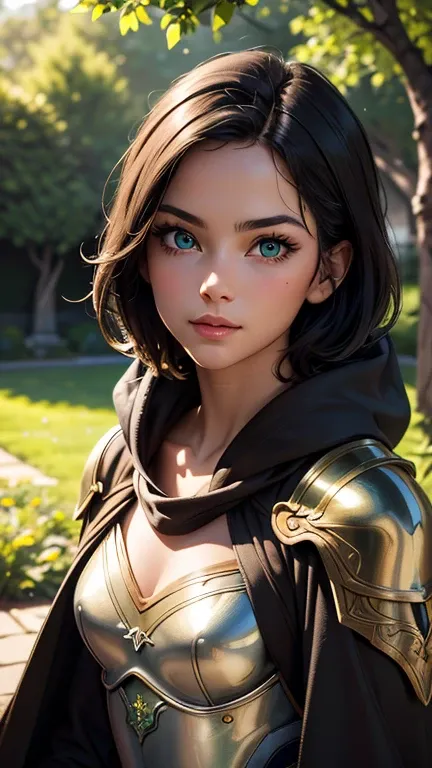 1girl, lithe archer, black short hair windswept,green eyes, young, brown leather armor, cloak hoodie, her bow is a green metal that glows a green light, medieval theme,