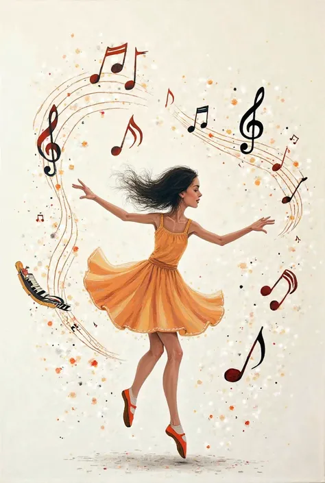 Acrylic illustration on canvas of a girl dancing between musical notes and piano keys. simplest 