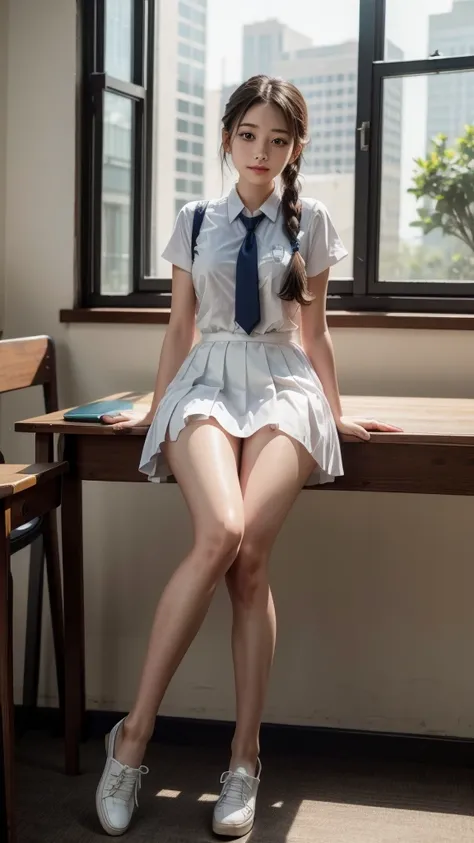  original photo ,  1 woman with an umbrella  ,wearing white dress and colored tie,  White shoes,  (( school girl learning in classroom)),  wearing braids , Maximum size chest , professional photographer, ([Hall:1.4), masterpiece, Ultra-realistic 【8k, a per...