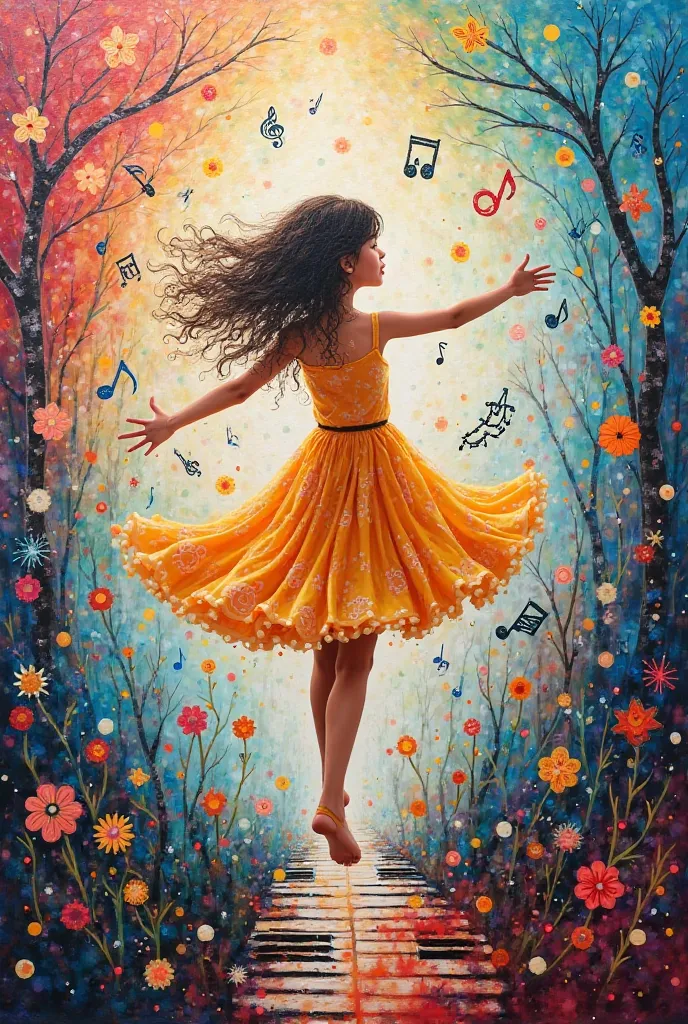 Acrylic illustration on canvas of a girl dancing between musical notes and piano keys 