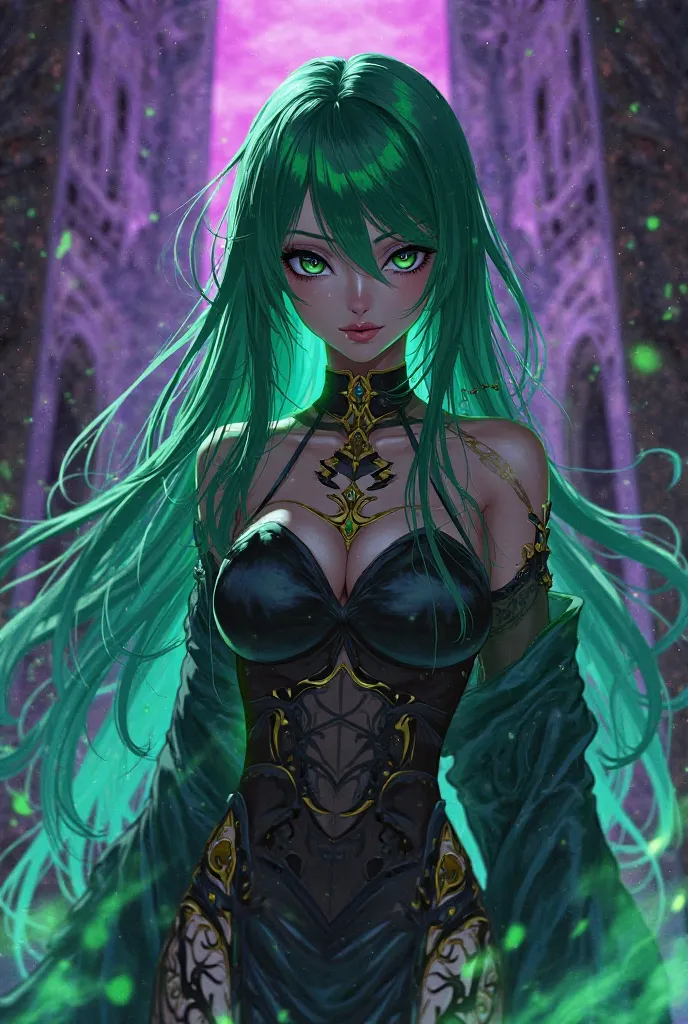 anime woman joker with strong and deadly aura with long green hair