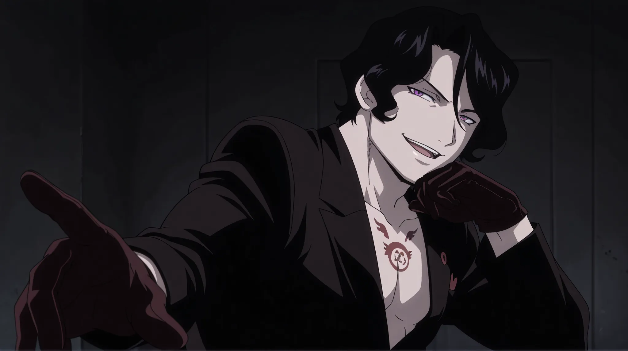 1boy,solo,lust,mature male,male focus, handsome,black hair, very short hair, purple eyes,,tattoo,chest tattoo,anime coloring, open mouth
black suit,gloves,upper body, looking at viewer, smile,indoors
,masterpiece,best quality,amazing quality,