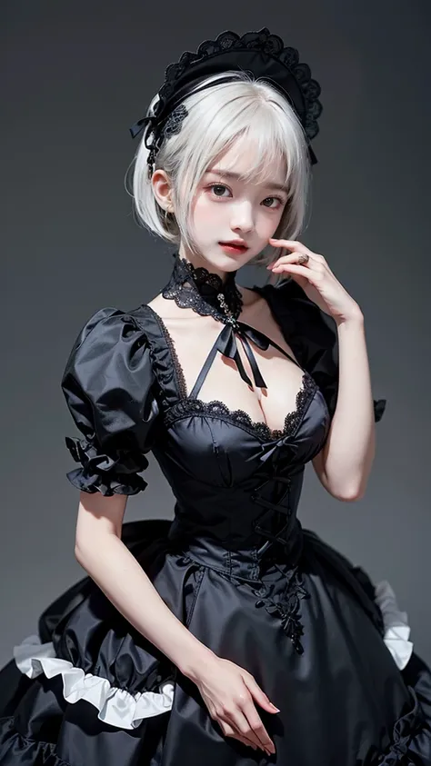 Please draw a super beautiful girl with short white bob hair wearing a gothic lolita outfit.。She exudes an elegant and dark vibe.、She exudes a unique beauty in Gothic Lolita fashion.。Her white hair is tied up in a neat short bob.、It highlights her individu...