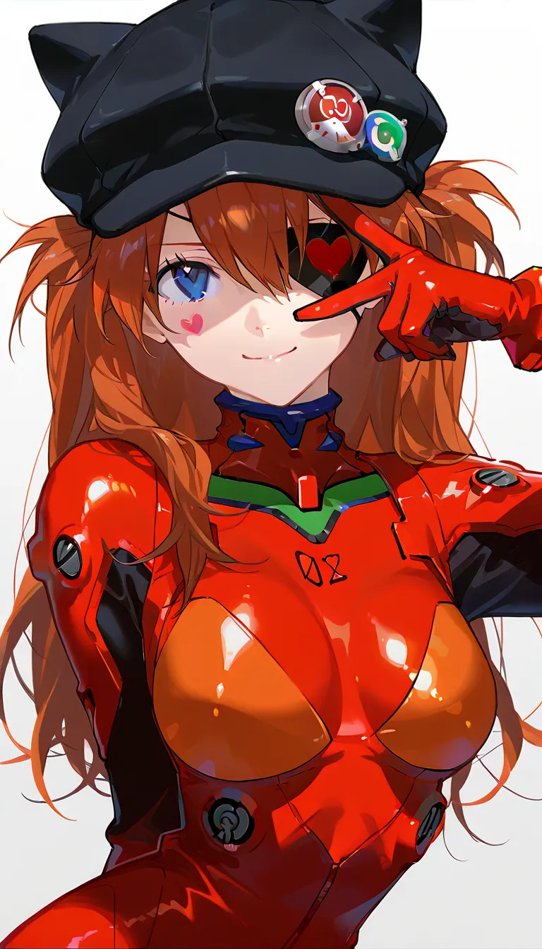 (masterpiece,  top quality ),    1 girl, Heart face mark  , v over eye   ,,   Neon Genesis Evangelion 、   Shikinami Asuka Langley、   red plug suit   、   eye patch、(Cat hat、black)、smile、   raise your hand, fingertip 、  whole body、Body that fits inside the s...