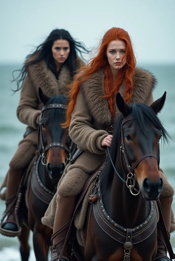 Two Asian Viking women in furs ride horses on the edge of the sea and look at the camera. red hair, black hair, high definition, Точность,  in detail, High detail, Ultra high definition, realism, looks at the viewer,