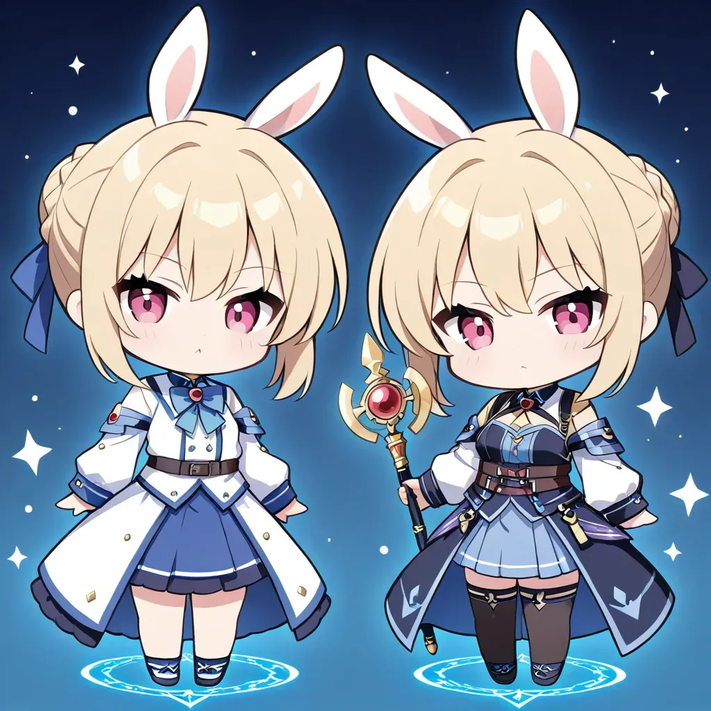 Chibi character: 1.2, light beige short bob, partially braided hair up one side, one beautiful girl, thin face, thin eyes, pink eyes, chibi character, very grumpy expression, dressed like a white rabbit: 1.2, weapon design and costume from this Japanese an...