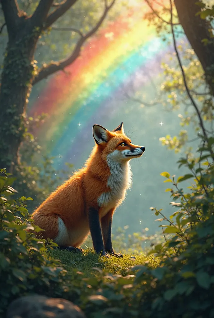 There is a fox in the forest, in the sky, a rainbow 