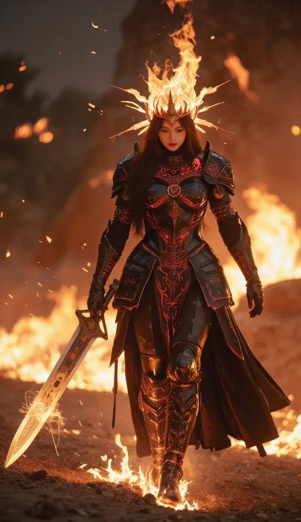 A supreme war goddess, clad in obsidian-black armor with intricate crimson engravings that pulse like molten veins. Her flaming crown hovers above her head, casting a divine glow. Her greatsword, forged from a dying sun, radiates with eternal fire, its run...