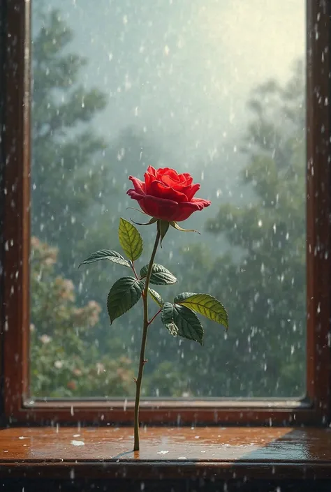 This rose on the table near window and rain outside the room 