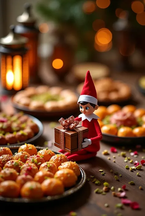 "A beautifully decorated wooden table with small lanterns casting a warm glow. Exquisite trays of Middle Eastern sweets—baklava, maamoul, and kunafa—are neatly arranged, garnished with crushed pistachios and dried rose petals. A real-life tiny elf holds an...