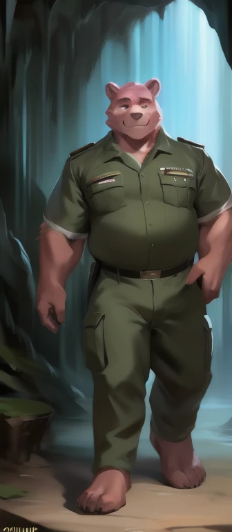 Solo, man big Tall,model tall, huge​ body,​standing, Dark Cave,Pink bear mammoth​, black green Army uniform, overweight, muscular, smirking, by chunie​