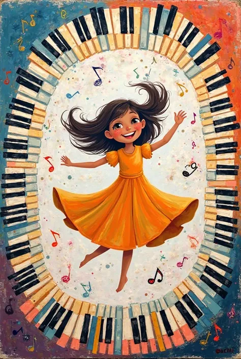 Acrylic illustration on canvas of a girl dancing between musical notes and piano keys. Simpler 
