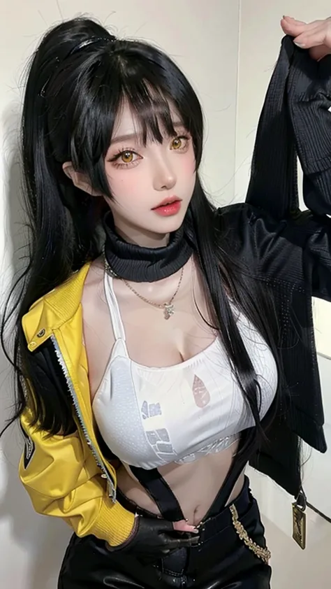 Practical, 1 female, best quality, 12K, HD, Long hair, Big and round breasts, , Ponytail, necklace, Jewelry, shorts, Bomber Jacket, Slim hips, scarf, Yellow eyes, Black Hair, Very detailed, Eye details, Hair details, Personal Data, Mouth details, Facial de...