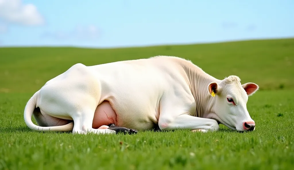 "A beautiful white cow lying on a lush green field, visibly pregnant with a large belly. The cow appears to be in distress, lying on the ground with pain in its eyes. The grass around her is fresh and vibrant, and the sky is clear. The setting is peaceful,...