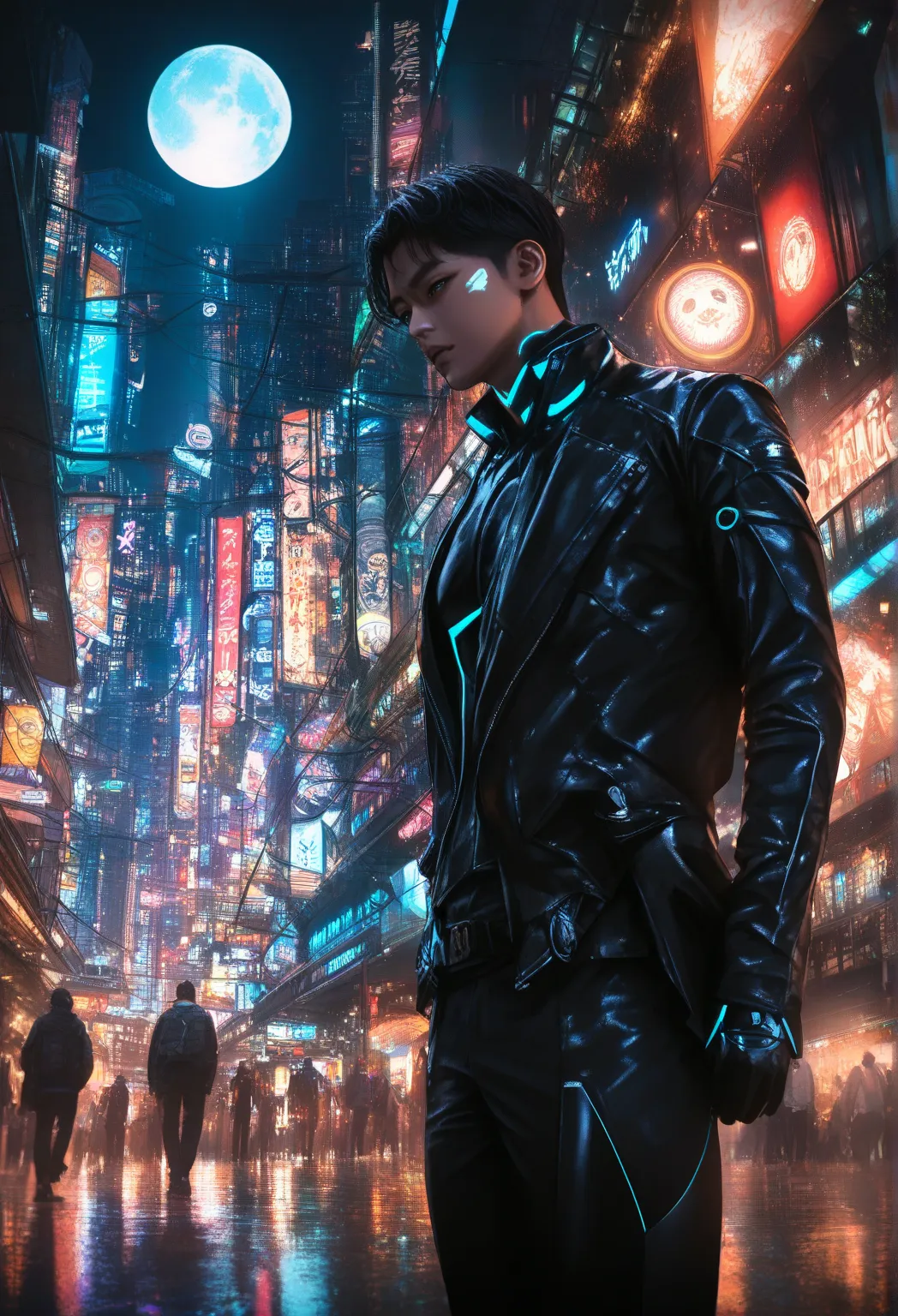 17-year-old boy wearing futuristic-style clothes,  of straight hair , Color black walking through the streets of Japan, The image has a cyberpunk style. and it&#39;s night,  Full Moon