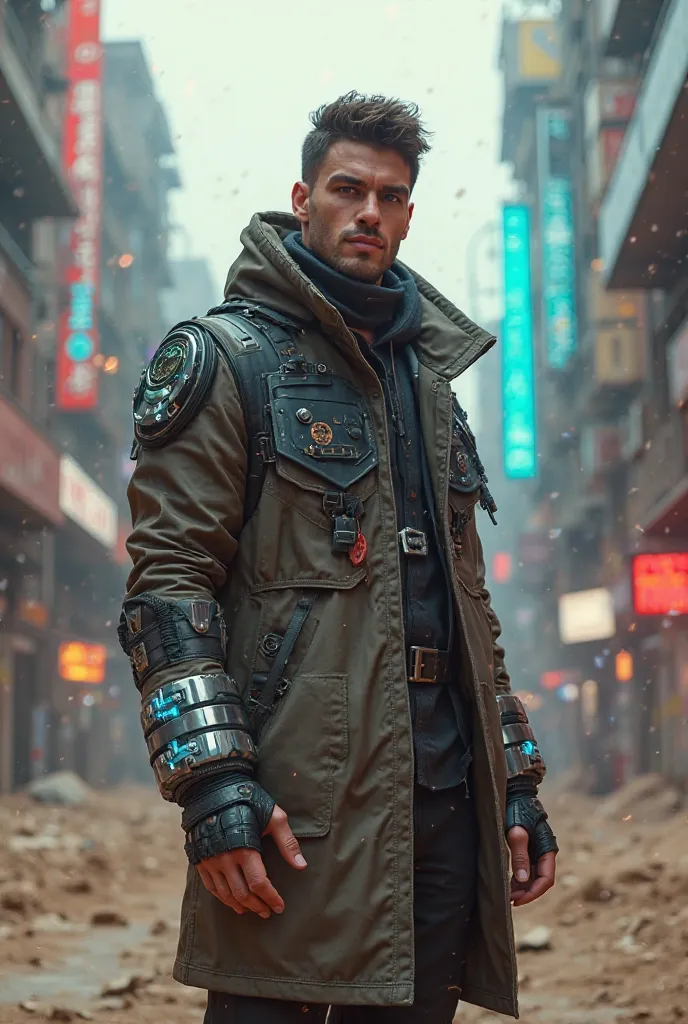 *"A futuristic male model in a modular tech trench coat with glowing solar panels and cybernetic arm enhancements, standing in a post-apocalyptic cityscape with holographic graffiti and sandstorms, hyper-realistic, cinematic lighting, 8k, Unreal Engine, Ar...