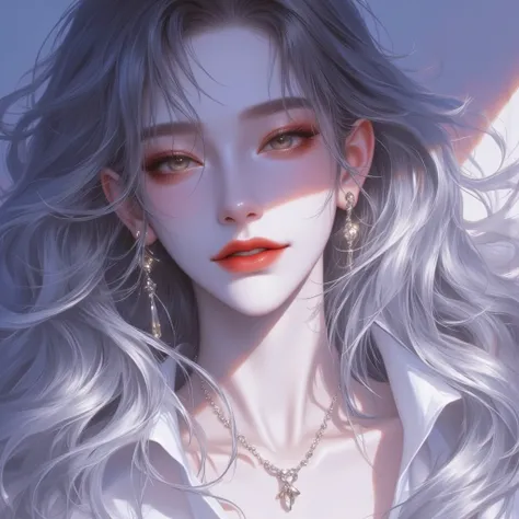 masterpiece，best quality，748 cm style，1 Female， from above，Translucent White Jacket，Chest，Happy background，happy，Silver/grey/Blue Hair Long Hair Beautiful