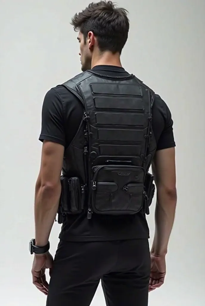 A black xl vest with a black solar panel on the back from shoulder to shoulder, solar cells above the shoulders and solar cells on the front and several pockets. 
