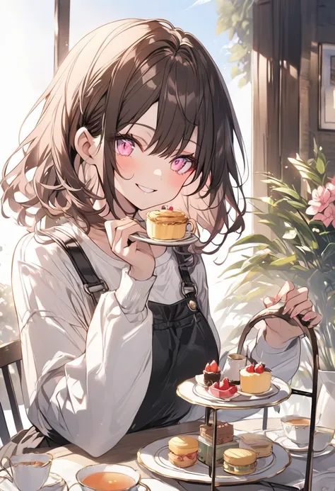 Alone，medium hair，Dark brown hair， tip pink highlight，woman， Light Pink Eyes ，smile,White long sleeve,morning， Black Overalls,Afternoon Tea