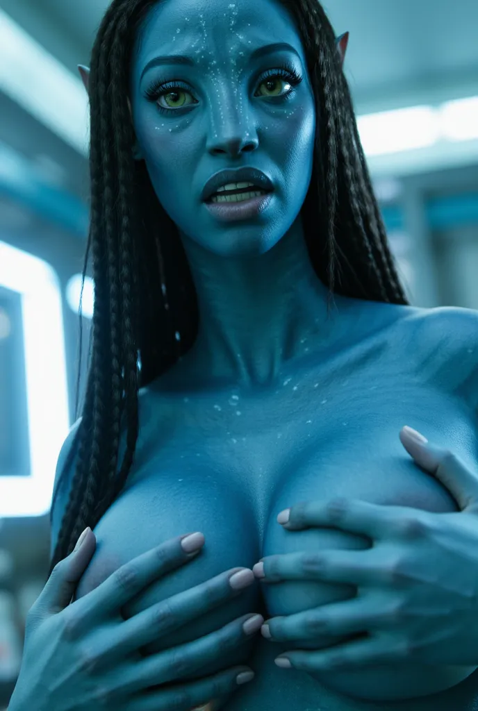 nude photography of (1) gorgeous naked female avatar alien covering her breasts, She is squeezing her own breasts with her hands. gorgeous na'vi woman, topless, big natural breasts, she is alone in a lab, blue skin, big beautiful eyes, angry face, sexy fac...