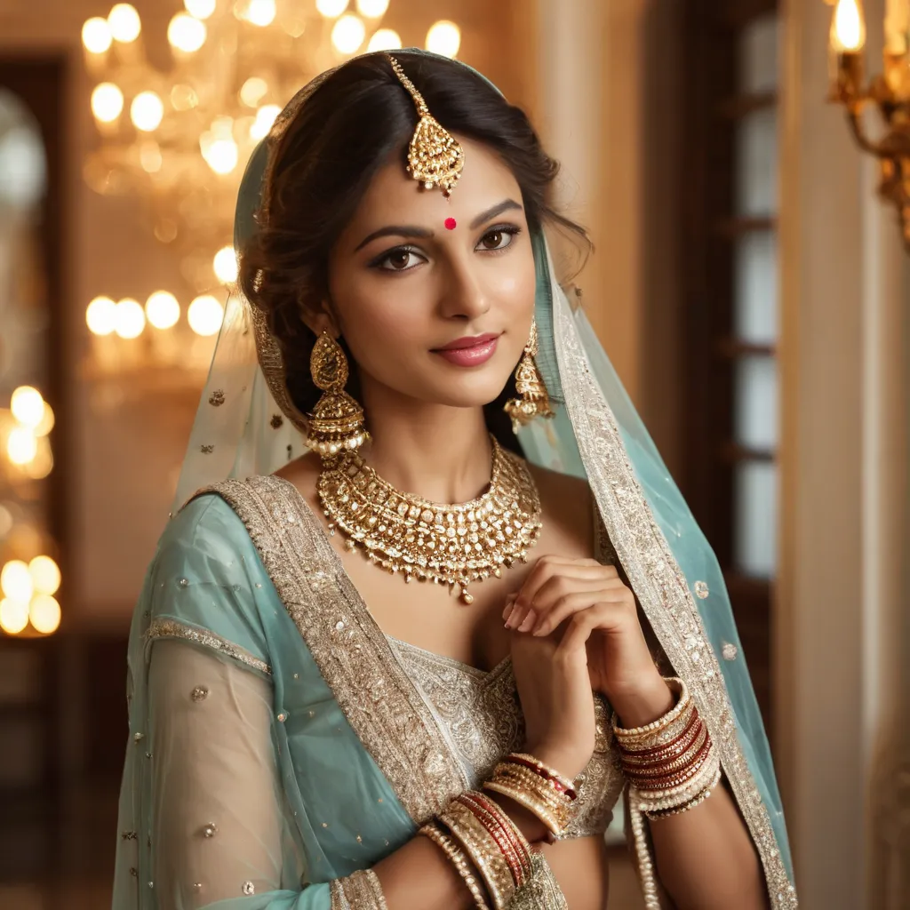 1girl, stunning young Russian woman, full body, portrait, DSLR-level clarity (1.3), posing confidently indoors near a grand mirror, wearing a dazzling traditional Indian mirror work lehenga in rich ivory white with silver reflective embroidery, paired with...