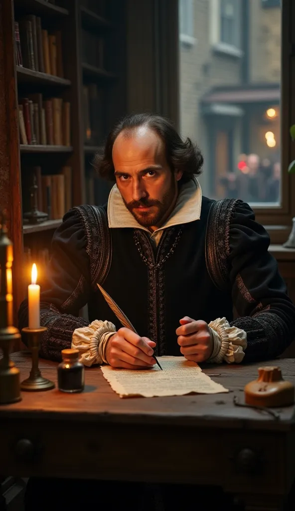 A detailed, historically accurate portrait of William Shakespeare in Elizabethan-era attire, sitting at a wooden writing desk with quill and parchment. The scene is dimly lit by candlelight, casting a warm glow on his thoughtful expression. The background ...