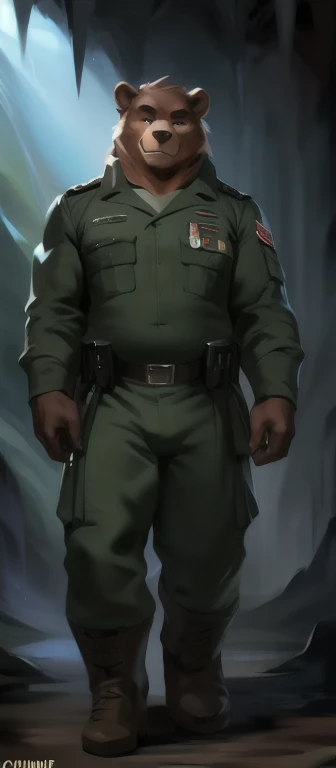 Solo, man big Tall,model tall, huge​ body,​standing, Dark Cave, bear mammoth​, black green Army uniform commander , overweight, muscular, smirking evil , by chunie​