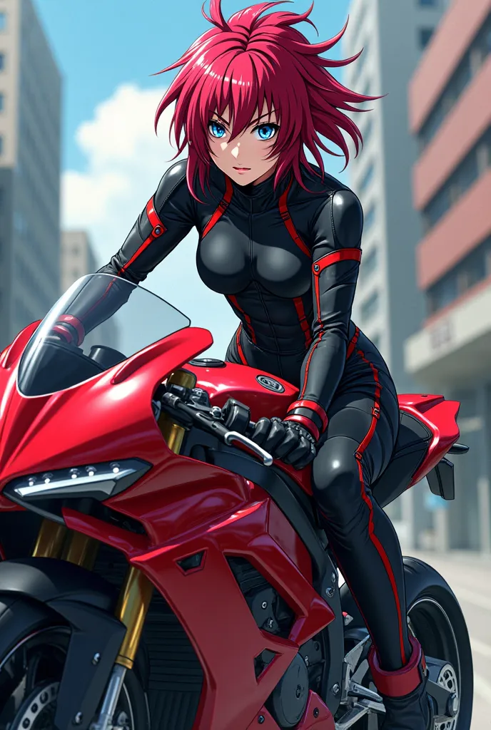 Create an anime image my Hero Academia Boku no Hero Academia woman with red hair and blue eyes, black biker costume with red lines, above a red sports motorcycle 