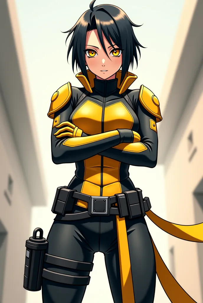 "A highly detailed full-body animated illustration of an original ninja character from the Naruto universe, named 'The Wasp'. She stands in a powerful and confident pose, facing the viewer with her arms crossed. Her expression is intense and focused, with ...