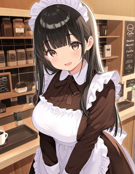 1girl, solo, voluptuous, light brown eyes, (tareme:0.6), black hair long hair straight hair glistening hair, blunt bangs, general, bright colored clothes, maid costume, coffee shop background, looking at viewer, open smile, ,masterpiece, best quality, amaz...