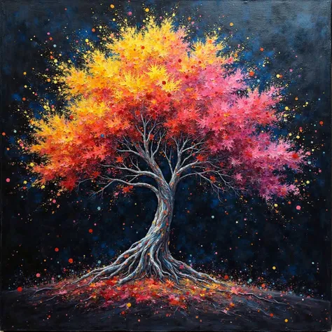 Colorful tree painting movement with glitther black backround