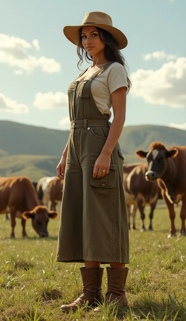 alicegoodwn dressed as a farmer, cows in the background