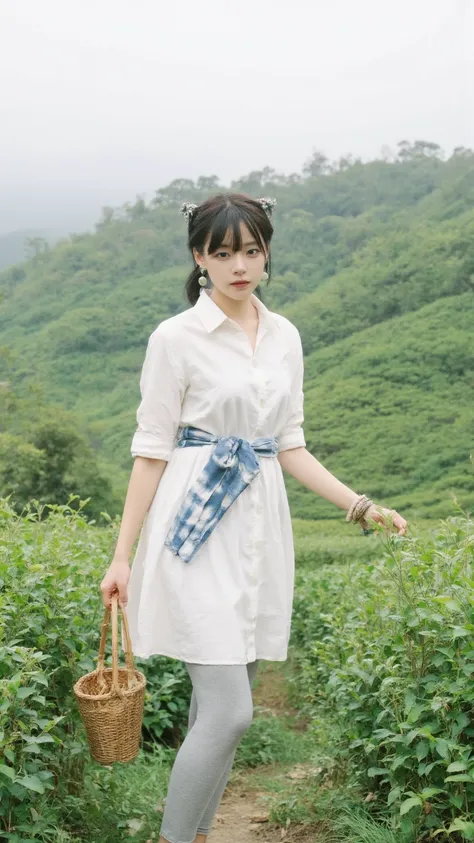  scene：the hair is inserted in a low plate with bamboo hairpins，Tender green tea buds revealed in the mist in the morning，She wears a ramie rice white shirt dress，with indigo tie-dyed cloth belt around the waist，light gray cotton leggings。
appearance：The s...