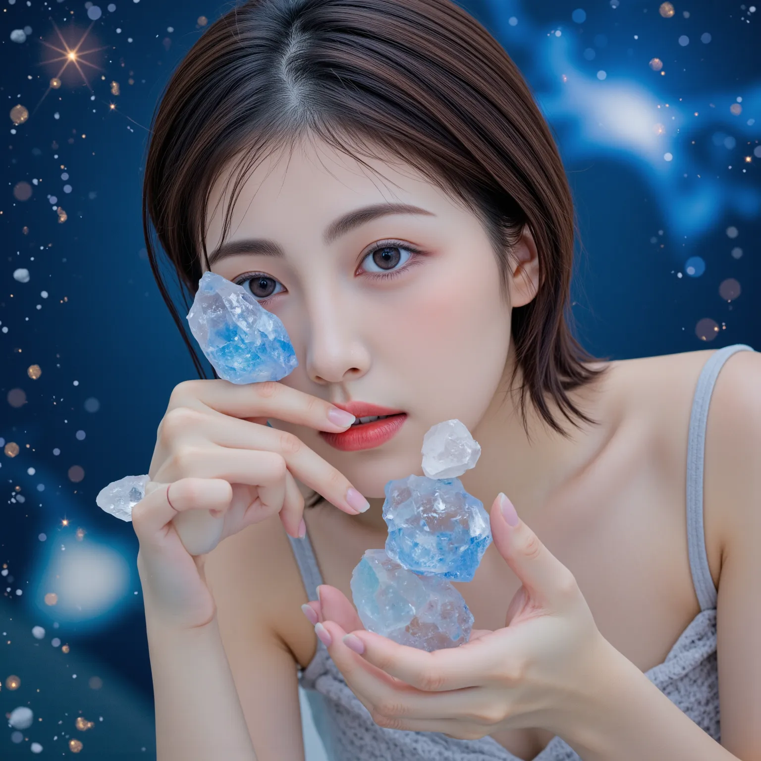 A beautiful woman with blue crystal makeup, the crystals sparkle in her eyes and she is surrounded by them. Her skin glows like moonlight. The background features an abstract blue environment with golden accents. High-resolution photography, intricate deta...