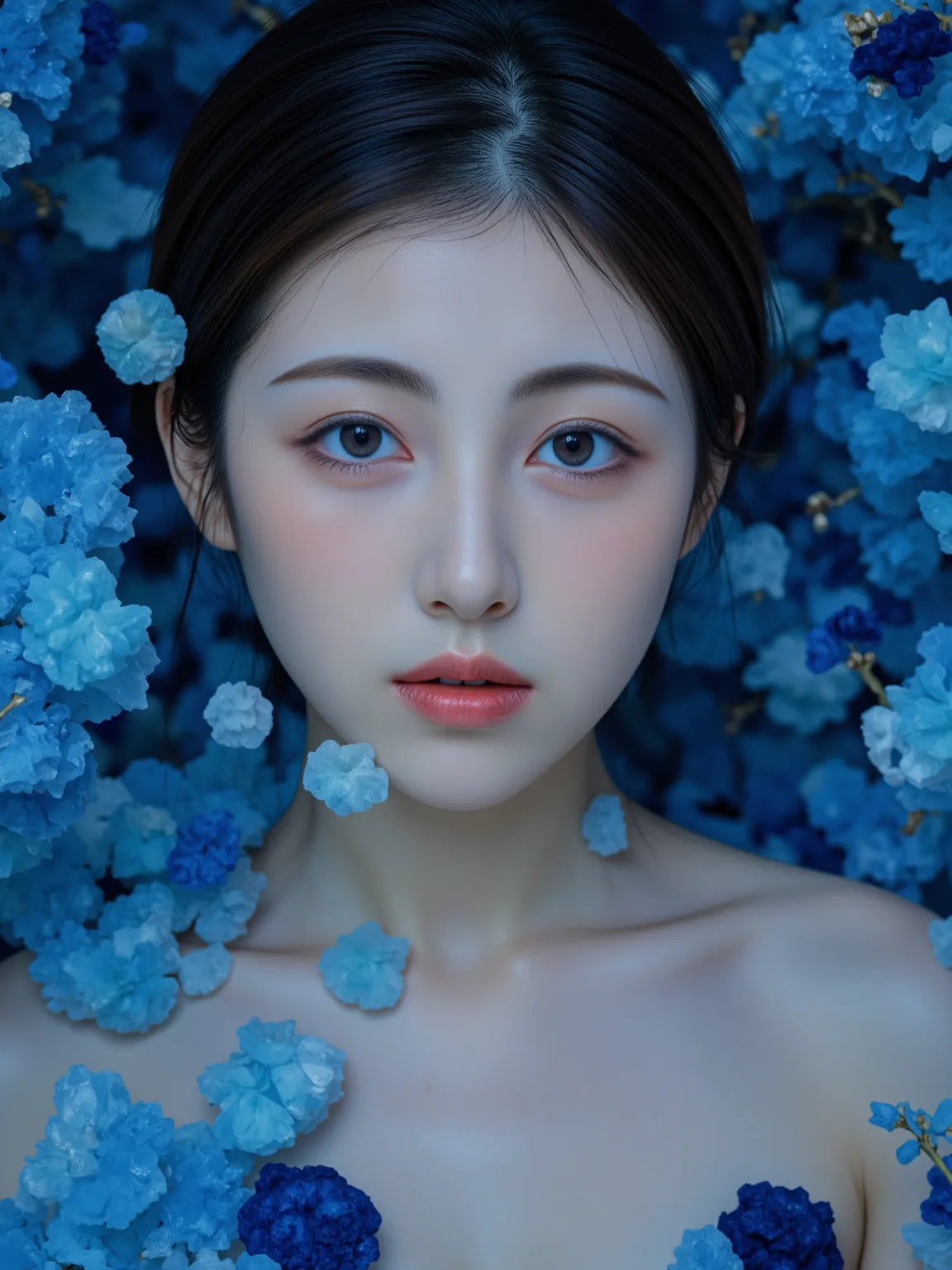 A beautiful woman with blue crystal makeup, the crystals sparkle in her eyes and she is surrounded by them. Her skin glows like moonlight. The background features an abstract blue environment with golden accents. High-resolution photography, intricate deta...