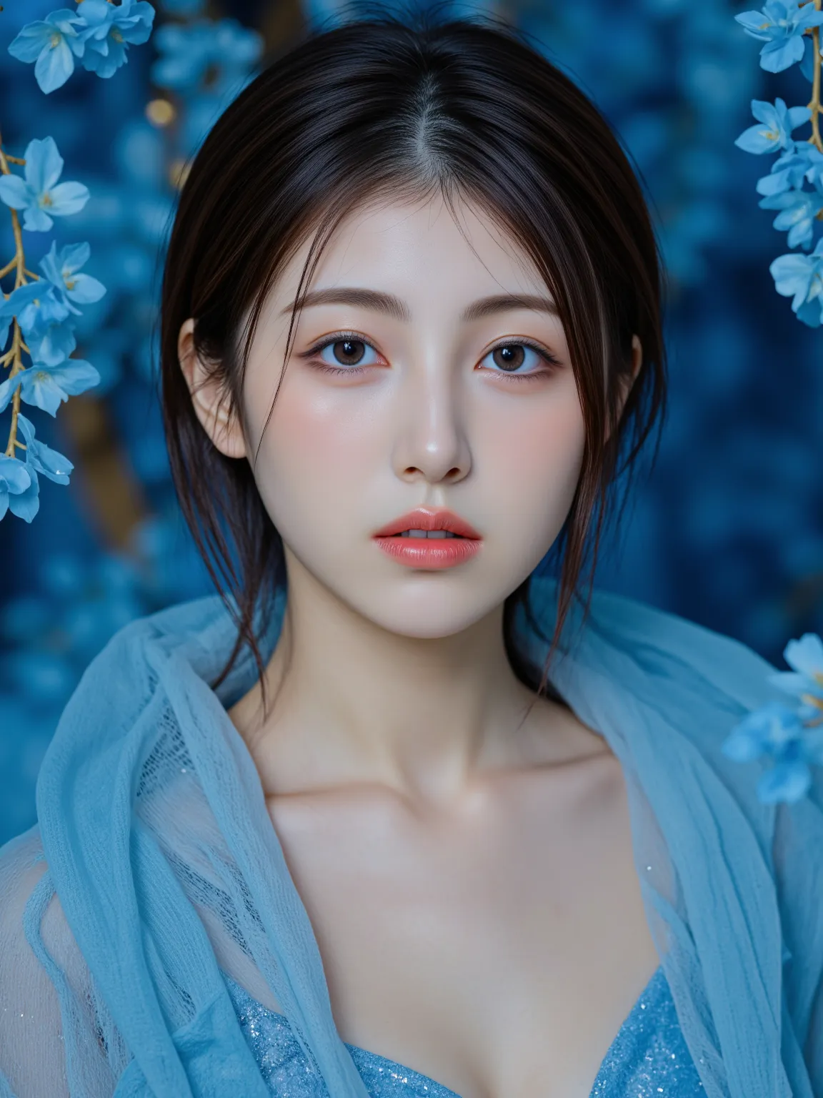 A beautiful woman with blue crystal makeup, the crystals sparkle in her eyes and she is surrounded by them. Her skin glows like moonlight. The background features an abstract blue environment with golden accents. High-resolution photography, intricate deta...