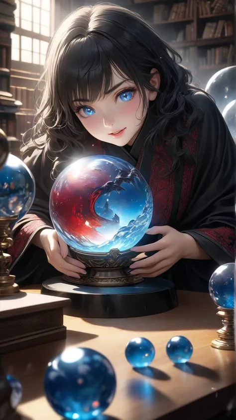 1woman、macro shot,below angle,a dusty room with many bookshelves lined up behind,a girl in a black robe holds her hand over a crystal ball on a table,a strong shining red pattern appears on the crystal ball,  strong storm blows:1.5,looking into the crystal...