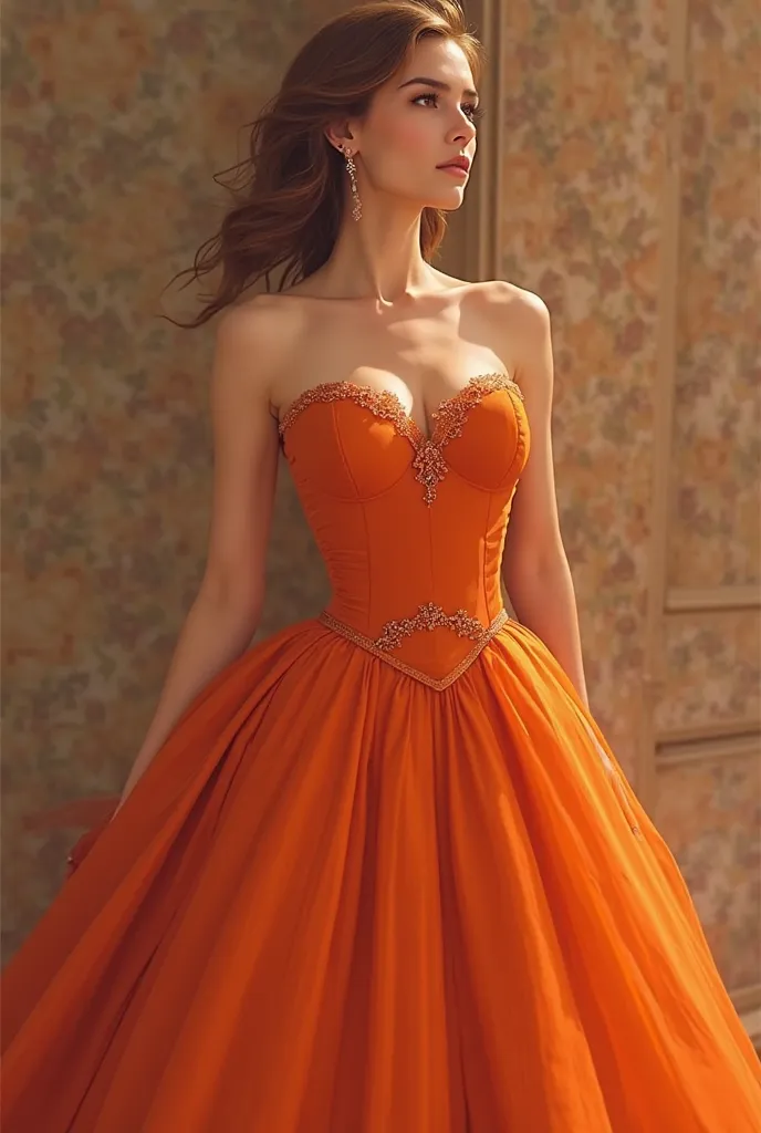 Create a digital artwork of an elegant orange ball gown. The gown features a strapless, sweetheart neckline bodice made of luxurious velvet fabric, fitting tightly around the upper body. The neckline is adorned with delicate lace detailing