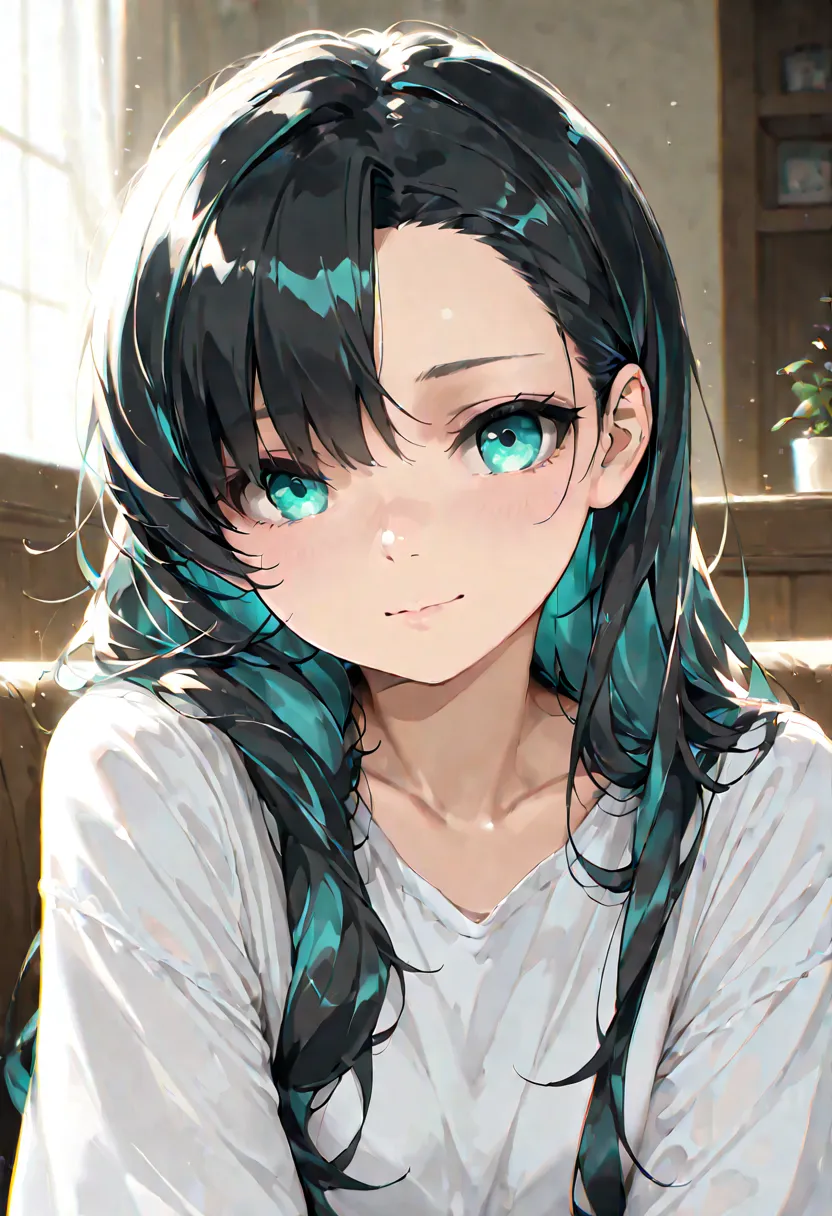 1girl, black hair, turquoise eyes, white shirts, white iliy, long hair, asymmetrical bangs, rococo style, chromatic aberration, masterpiece