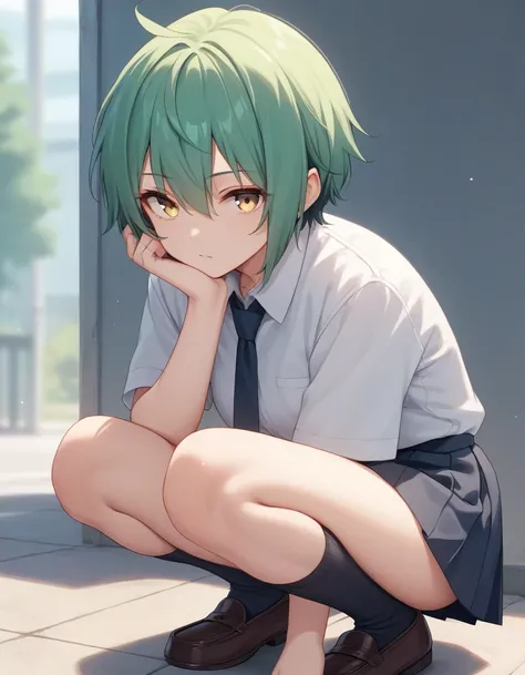 maple_Kayano, green hair, Alone, school uniforms, tie,  short hair, yellow eyes, 1 girl crouching