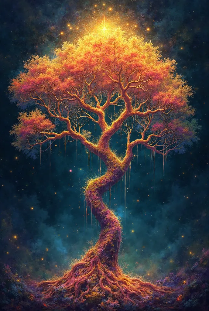 Colorful tree with golden accent black backround ethereal painting
