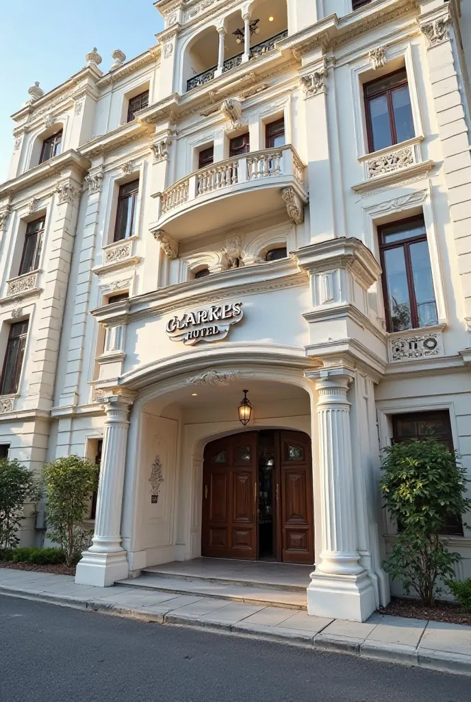 Full shot of a large, ornate, white building, likely a hotel. The building has multiple stories, balconies, and decorative features. A sign that says "CLARKES HOTEL" is prominently displayed above the entrance. Below the sign is a button-like element with ...