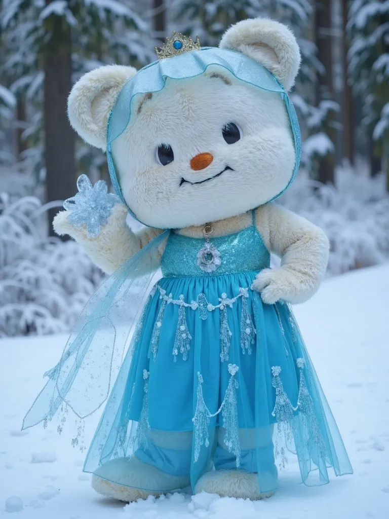 Butterbear, a large fluffy bear with human-like long arms and legs, is dressed as Elsa from Frozen, wearing a shimmering ice-blue gown with a flowing cape and a tiny crown. It stands in a snowy, enchanted landscape, with sparkling ice crystals swirling aro...