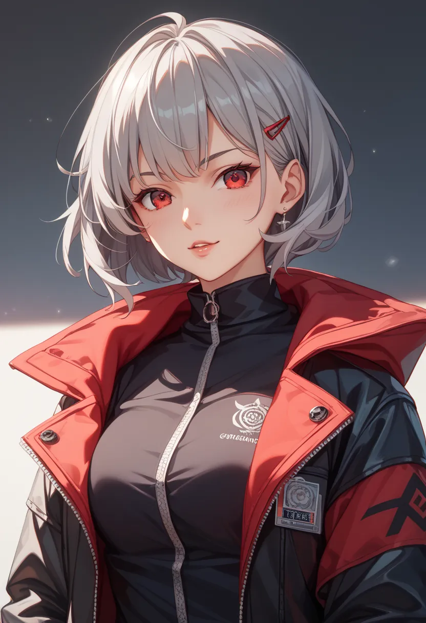 (Representative works、best image quality、anime style、雰囲気、More Information、 cg rendering、character portrait、Ray Tracing)Gray Hair、Red eyes、red and black gradient、jacket